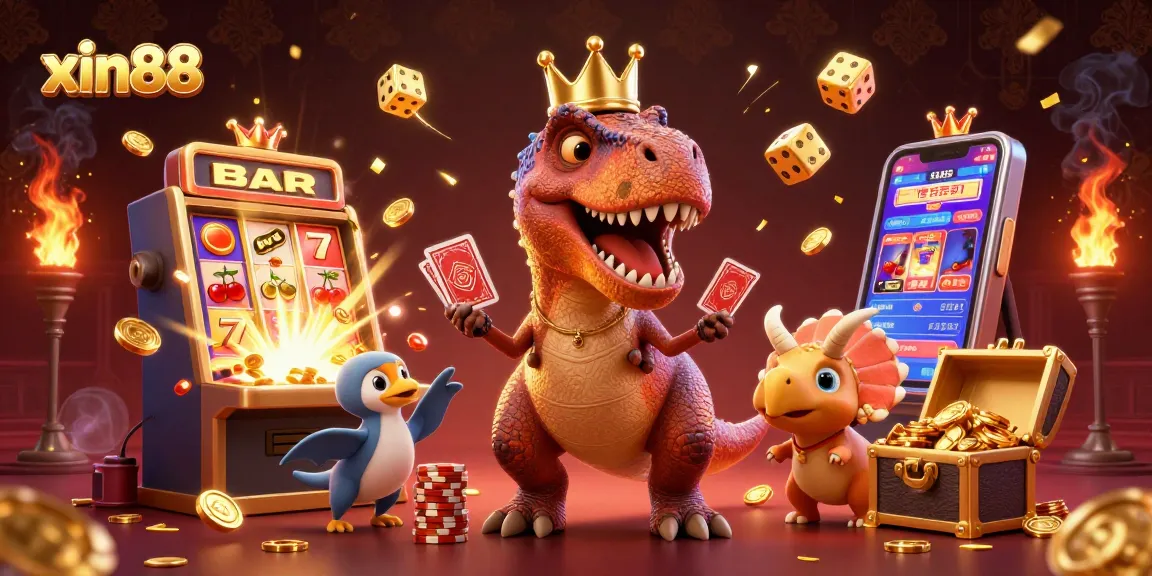 Experience excitement with xin88 as a T-Rex shuffles cards amidst a jackpot explosion in a vibrant casino.