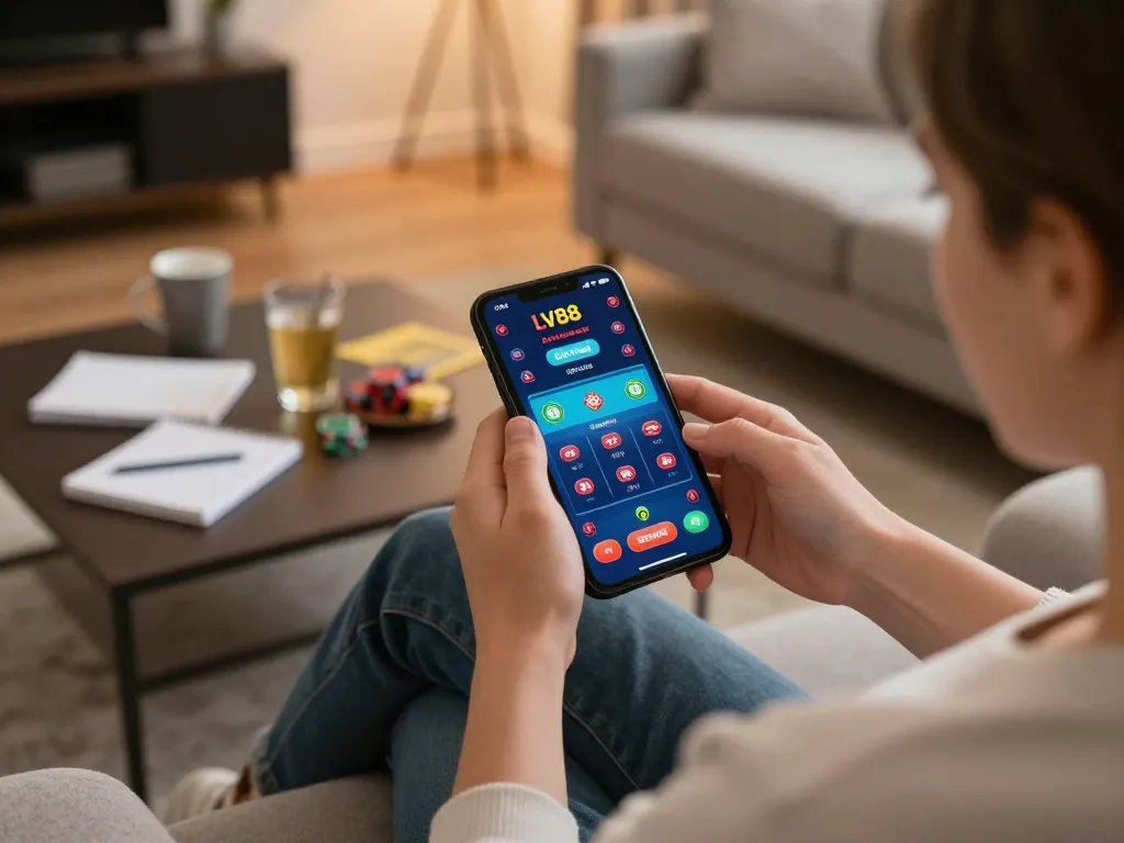 Engaging with LV88 app for online gambling in a cozy living room setting