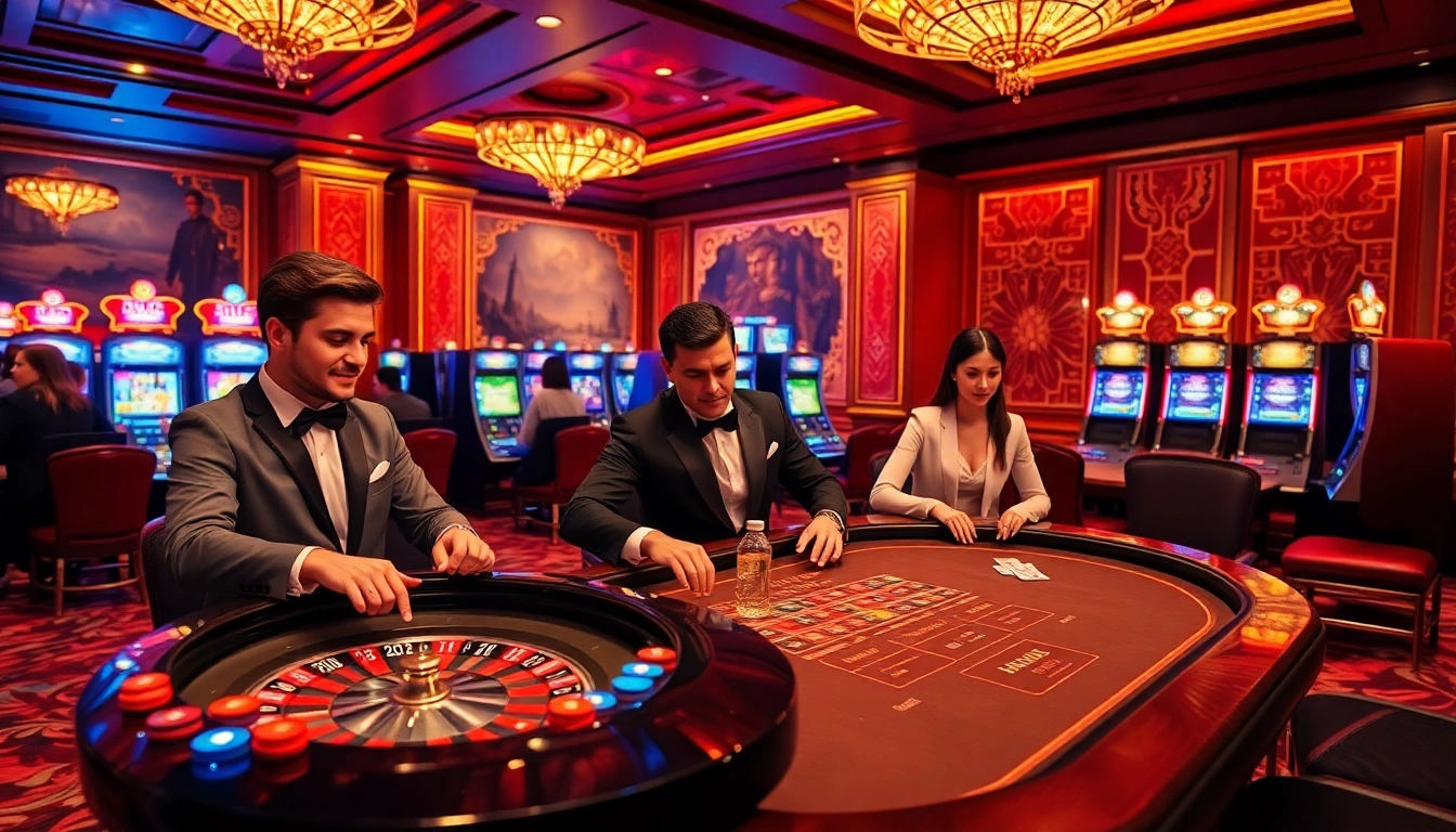 Experience the luxury of king 88 with vibrant casino gaming, showcasing roulette and poker tables.
