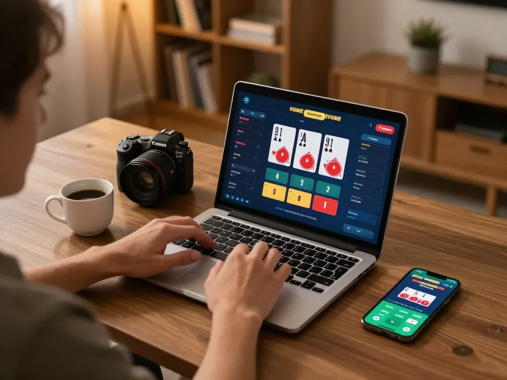 Engaging poker gameplay on a laptop while using the okking app, showcasing home gaming excitement.
