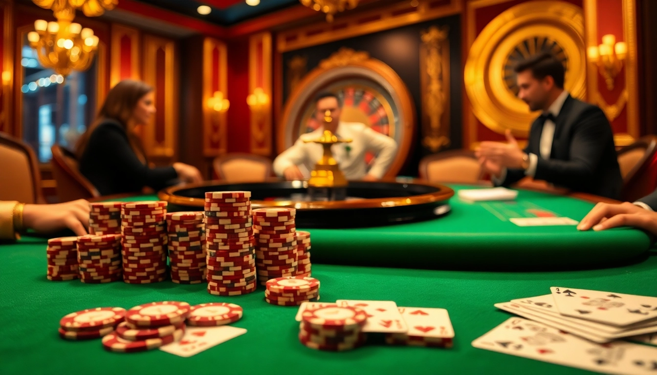 Players enjoying the excitement of F168 Casino with vibrant poker chips and a roulette wheel.