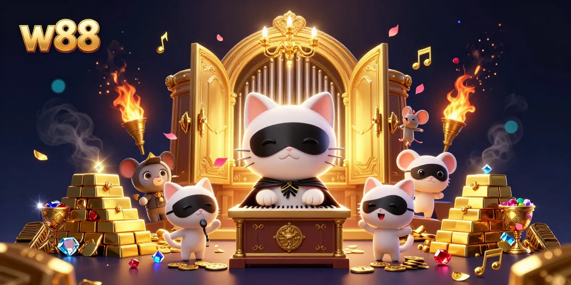 w88 players engage in thrilling casino adventures with dazzling treasures surrounding enchanting characters.