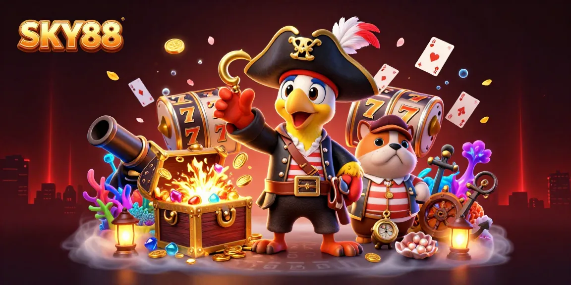 Experience exciting gaming with SKY88’s vibrant scene featuring pirate-themed slot action and treasure.