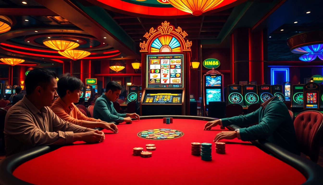 Players strategizing at a vibrant casino poker table with HM88 branding visible.