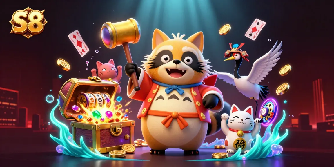 S8 players enjoy exciting slot spins with a cheerful tanuki and lucky symbols, enhancing the casino atmosphere.