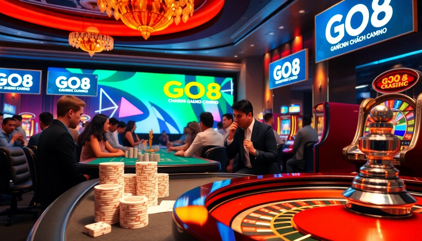 GO8 CHÍNH CHỦ gaming action at a high-stakes casino table with colorful chips and cards.