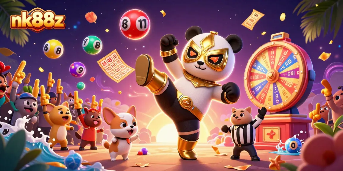 Experience nk88z excitement with a vibrant 3D scene of a panda performing a flying kick amidst gambling-themed elements.