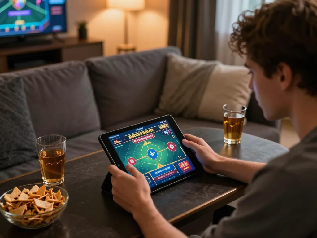 Bong88 player engaging with online casino app on tablet in a cozy home setting.