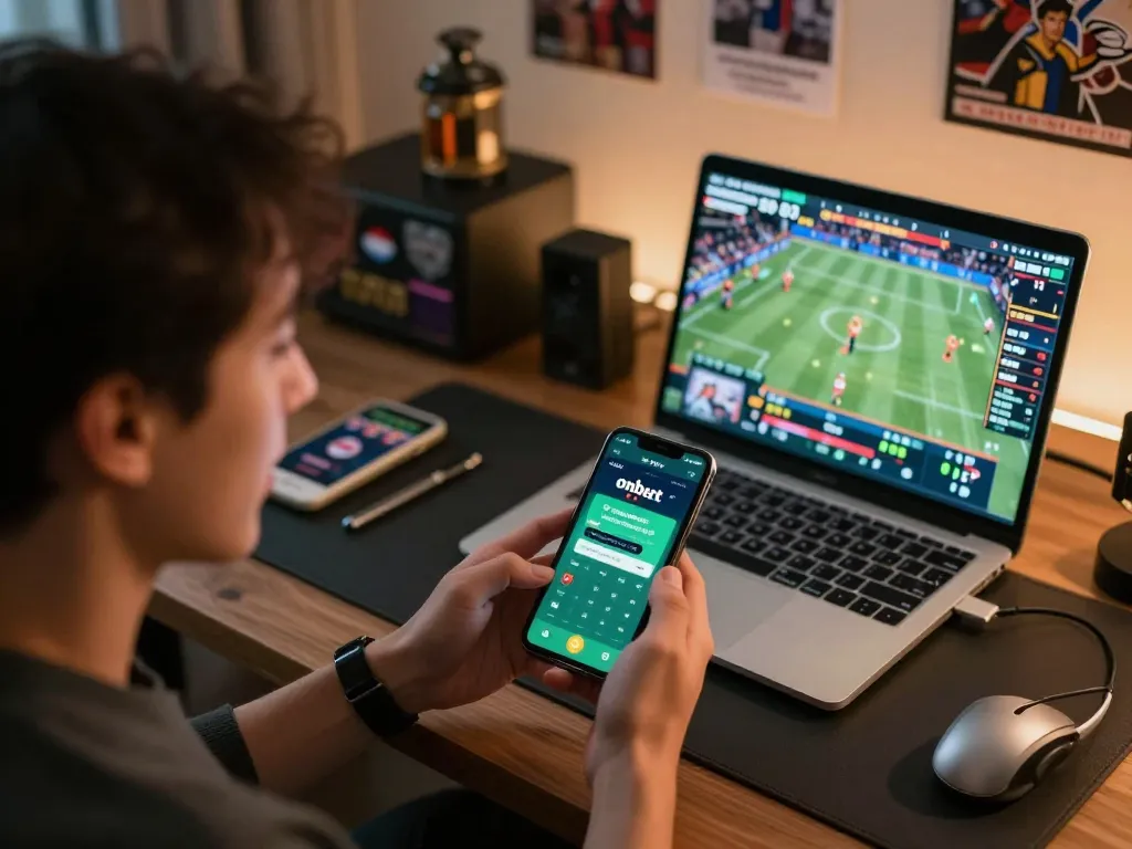 Engaged bettor using nhà cái onbet app to place bets on live sports with a smartphone in cozy setup