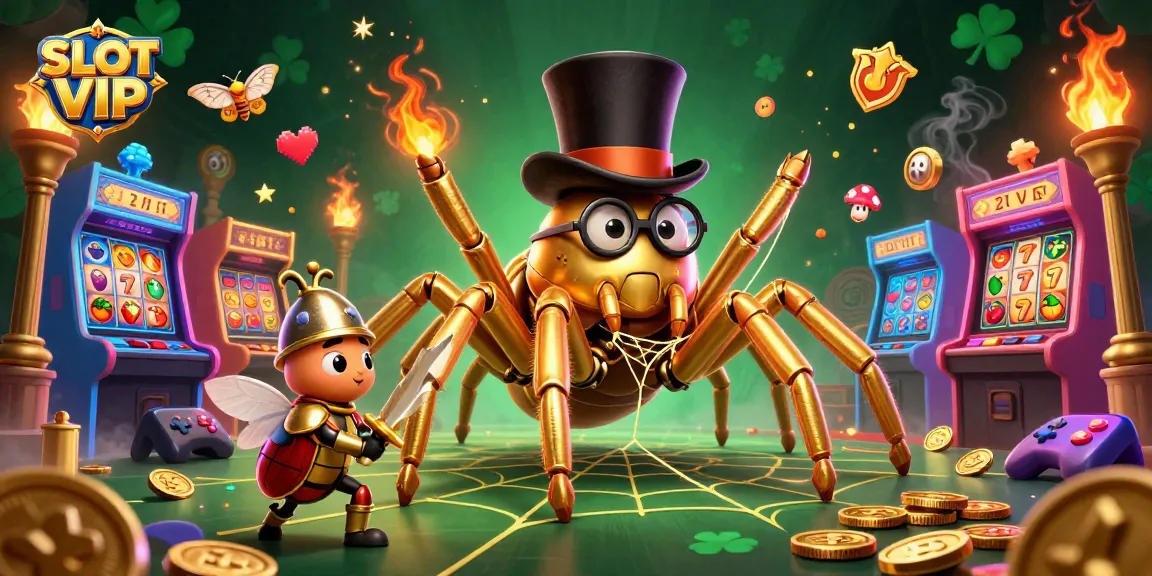 SLOT VIP features an iconic golden tarantula weaving golden threads in a bustling casino scene.