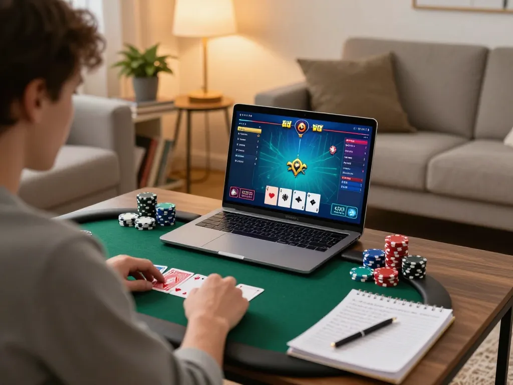 Engaging online poker gameplay experience with 33WIN strategy notes and a cozy home setting.