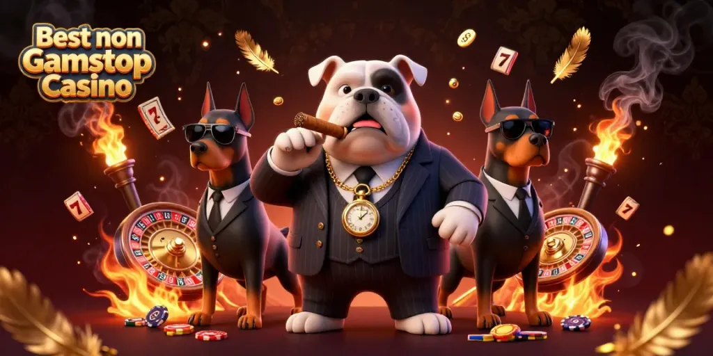 Experience the excitement of the Best non Gamstop Casino with a rich 3D illustration featuring gambling elements.