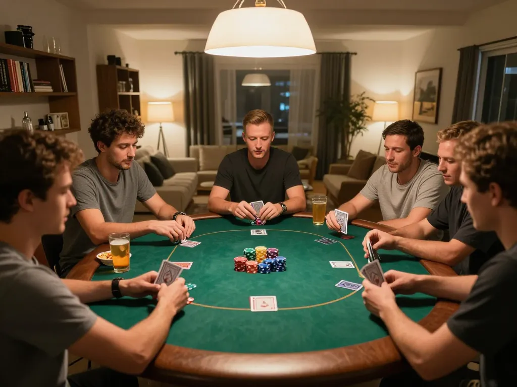 Friends enjoying a friendly poker game at home, showcasing luck8l atmosphere with colorful chips and cards.