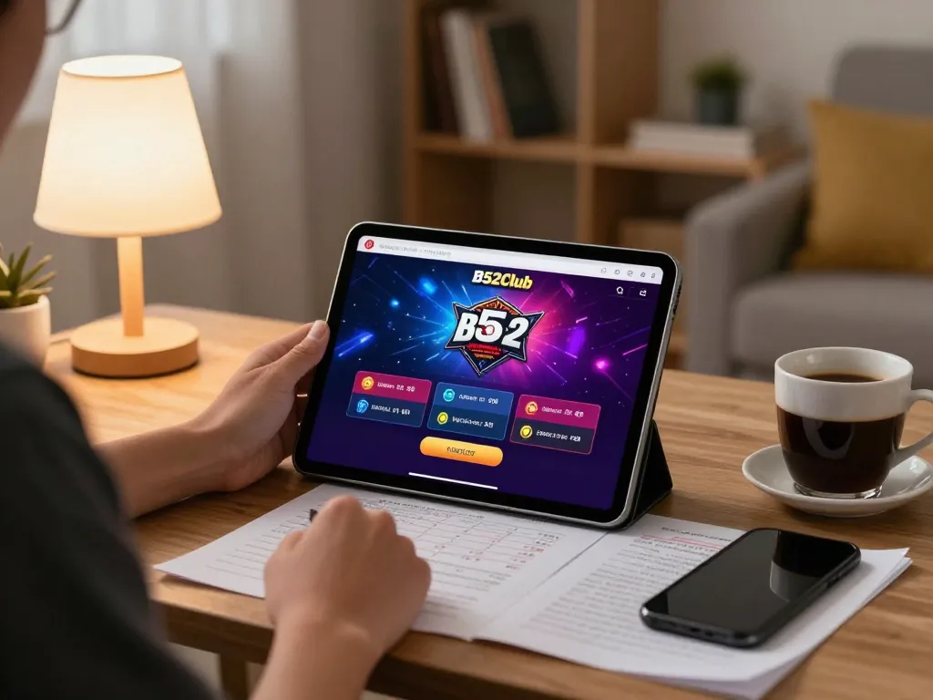 Player enjoying online games with B52Club app in cozy home setting, showcasing responsible gaming.