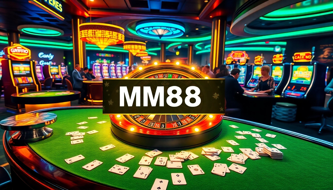 Experience the excitement of MM88 PRESS with a luxurious casino scene featuring a roulette wheel and engaged players.
