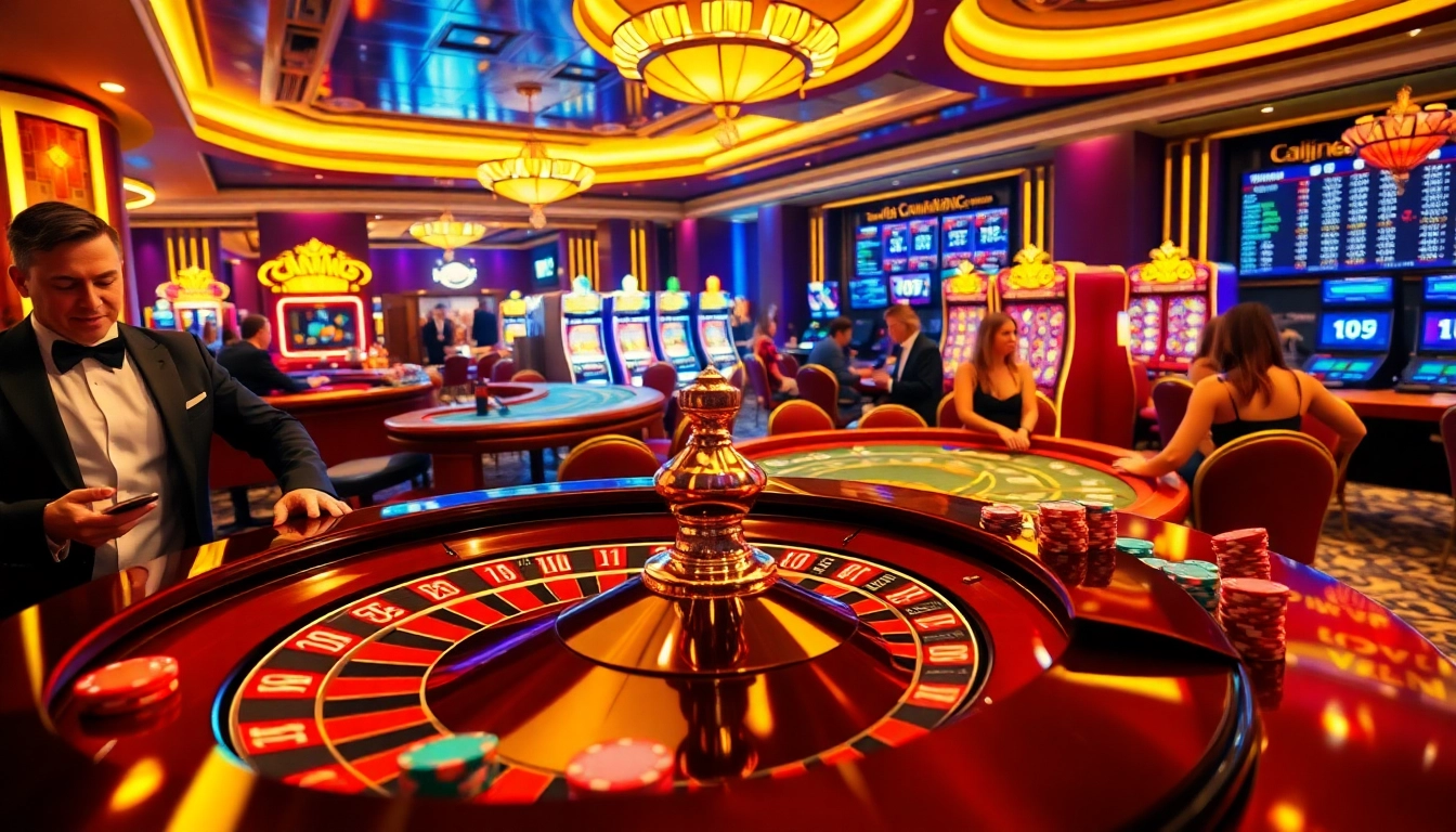 Players enjoying thrilling games at 69vn's premier casino, featuring roulette, blackjack, and vibrant slot machines.