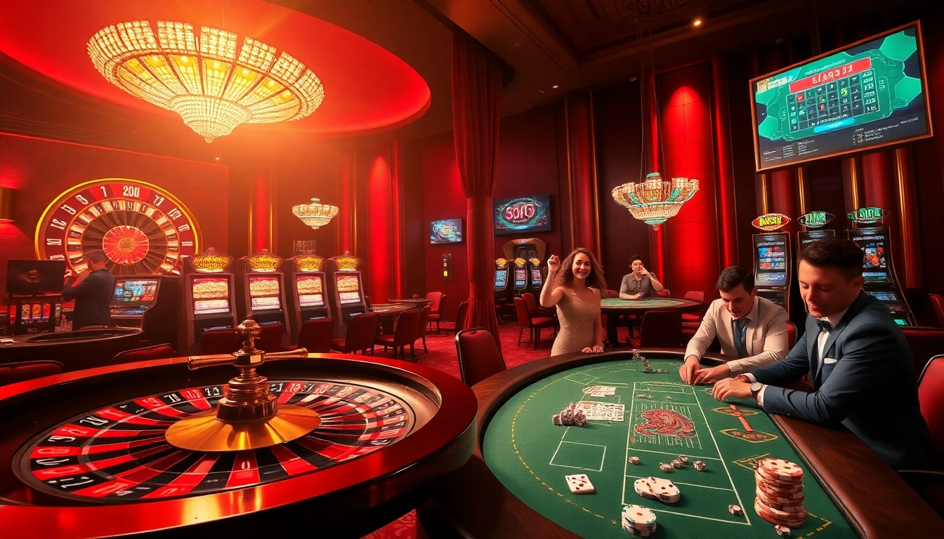 Experience the excitement of Trang chủ UU88 in a vibrant casino setting with players enjoying roulette and slots.