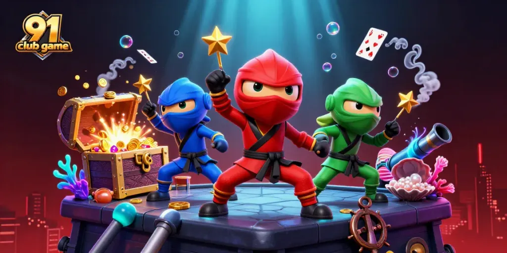Experience thrilling action with the 91 club game featuring synchronized chameleon ninjas and festive casino elements.