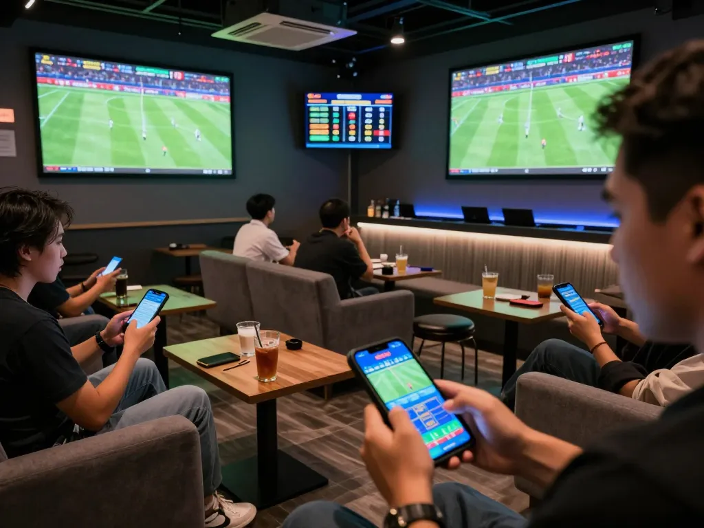 Engaging live sports betting scene showcasing แทงบอล on mobile devices with excited patrons