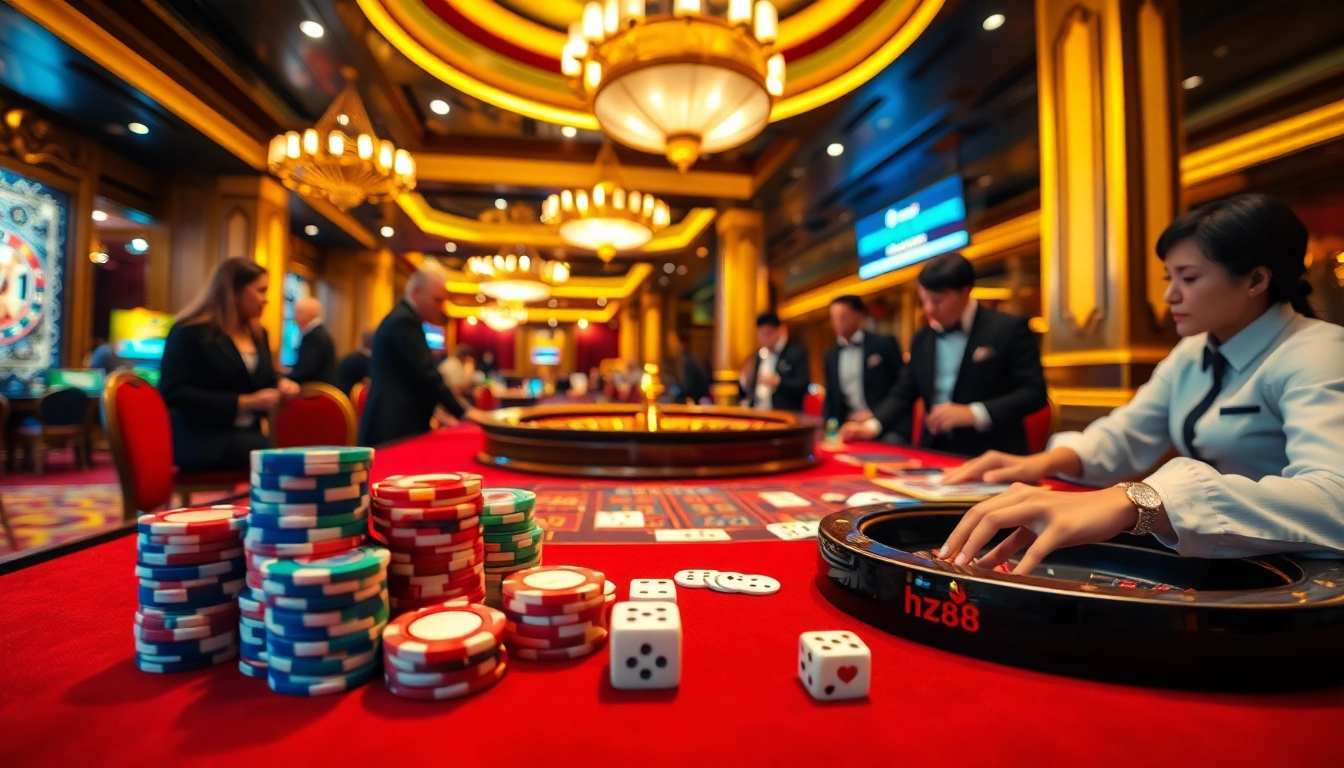 Experience thrilling high-stakes gaming at hz88 casino tables with vibrant poker chips and cards.