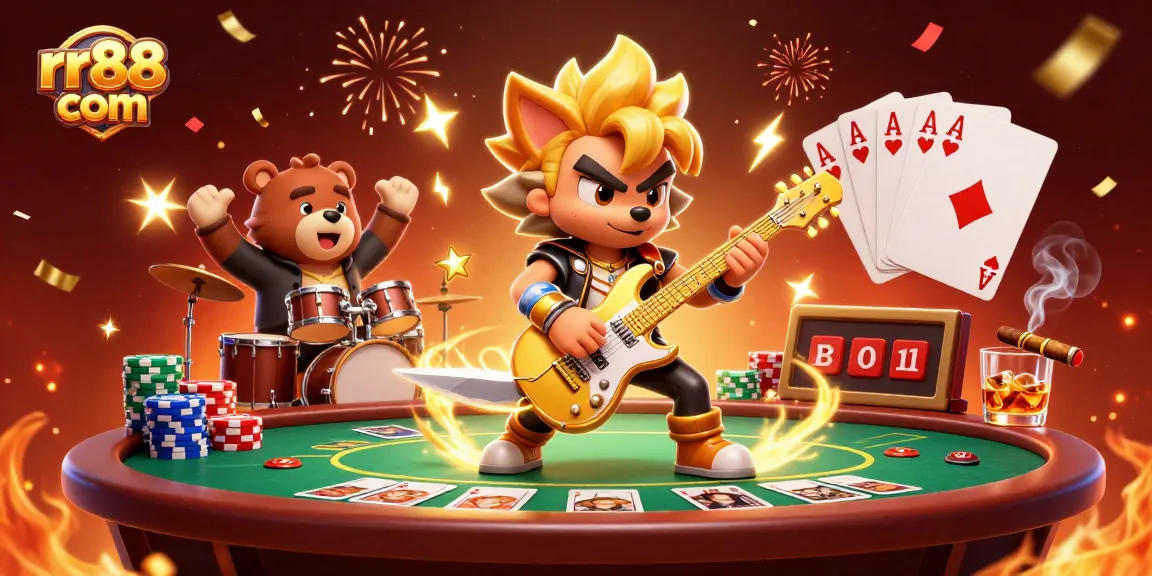 Join the excitement at rr88 com, where cartoon characters celebrate luck and wins in a vibrant casino scene.