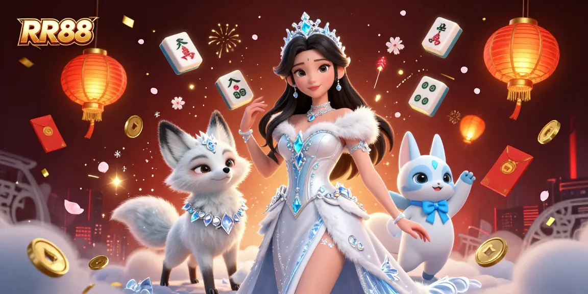 Win big at RR88, a captivating scene with a stunning ice queen and vibrant casino elements.