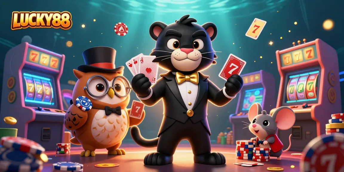 Experience the LUCKY88 excitement with cartoon characters in a vibrant casino scene featuring slot machines and sparkling elements.