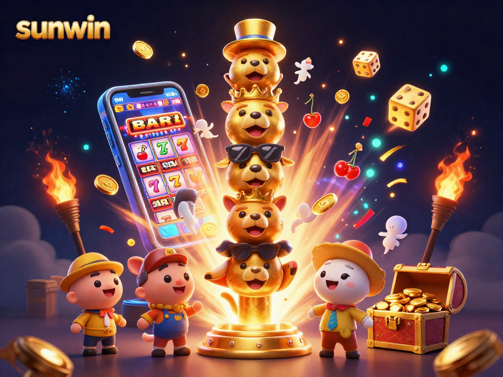 Experience the excitement at sunwin with this vibrant 3D illustration of a golden totem and a jackpot slot machine.
