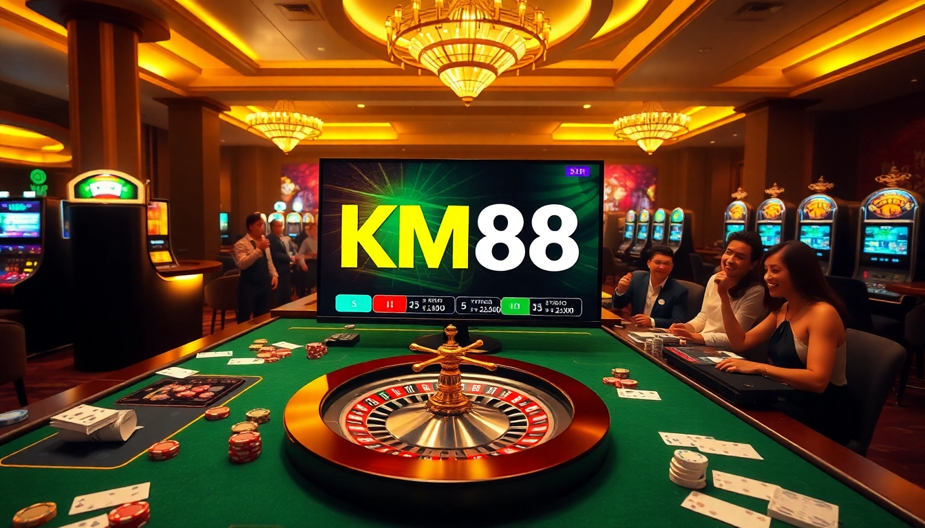 Experience the thrill of KM88 with engaging casino tables and vibrant gaming elements.