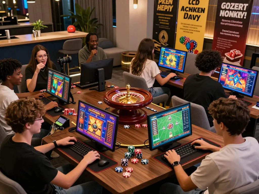 Exciting gaming scene at https://xibet.cam/ with young adults betting online in a cozy lounge.