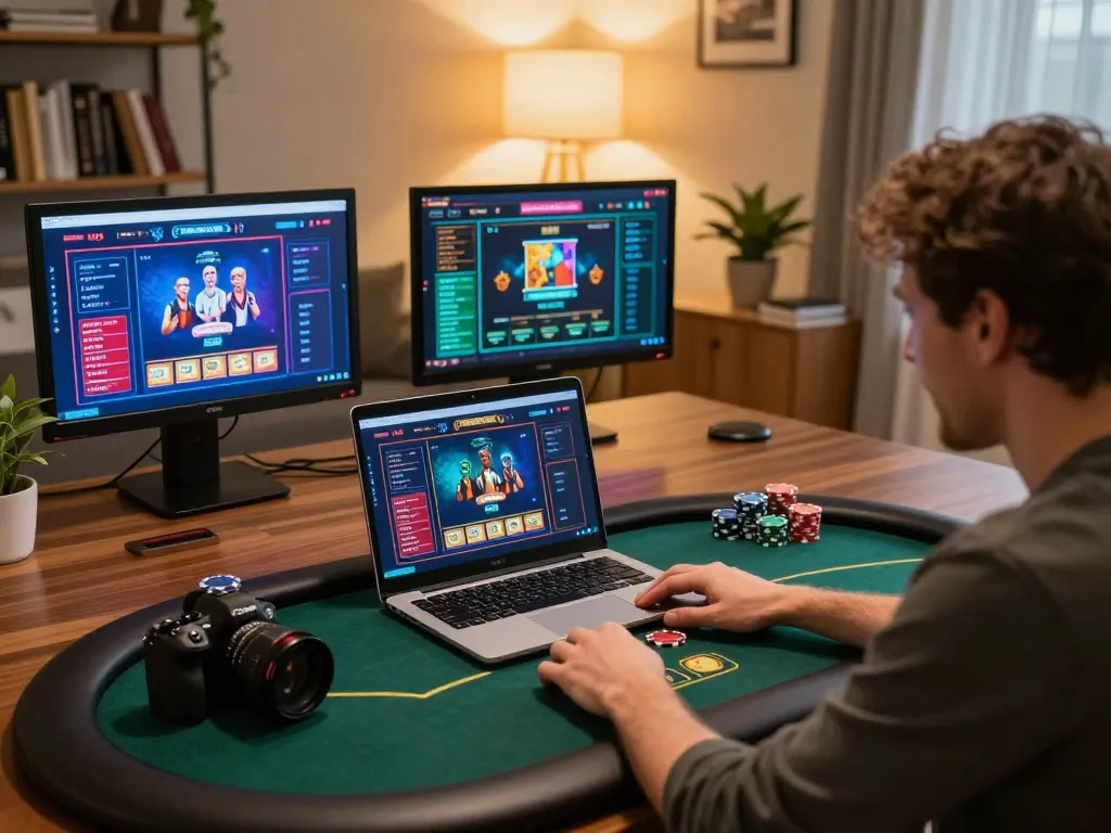 Player engaging with Go99 online poker from home, showcasing strategy and excitement.