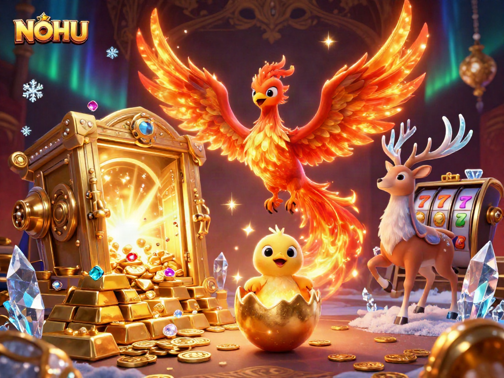 Experience NOHU's vibrant slots scene with a phoenix and treasures in stunning detail.