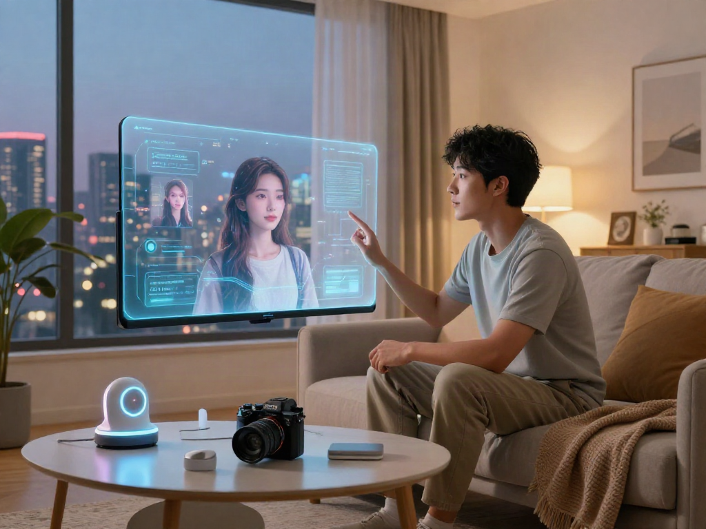 Engaging scene of an individual interacting with an AI girlfriend through a holographic interface, showcasing modern technology and a cozy atmosphere.