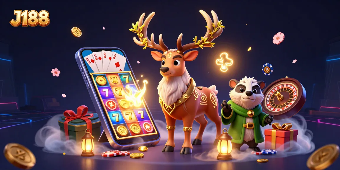 Experience J188's vibrant 3D illustration featuring a stag, badger, and engaging casino elements.
