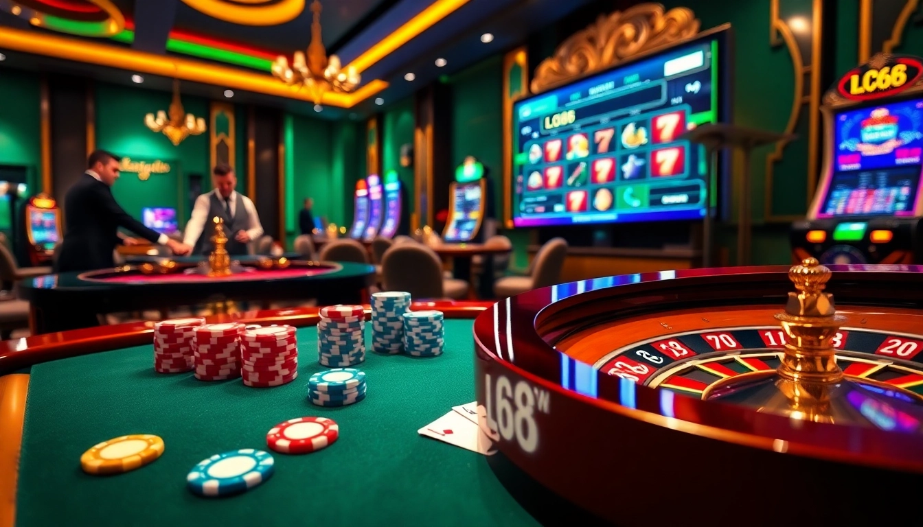 Players enjoying exciting games at LC88.COM casino with roulette, cards, and vibrant betting action.