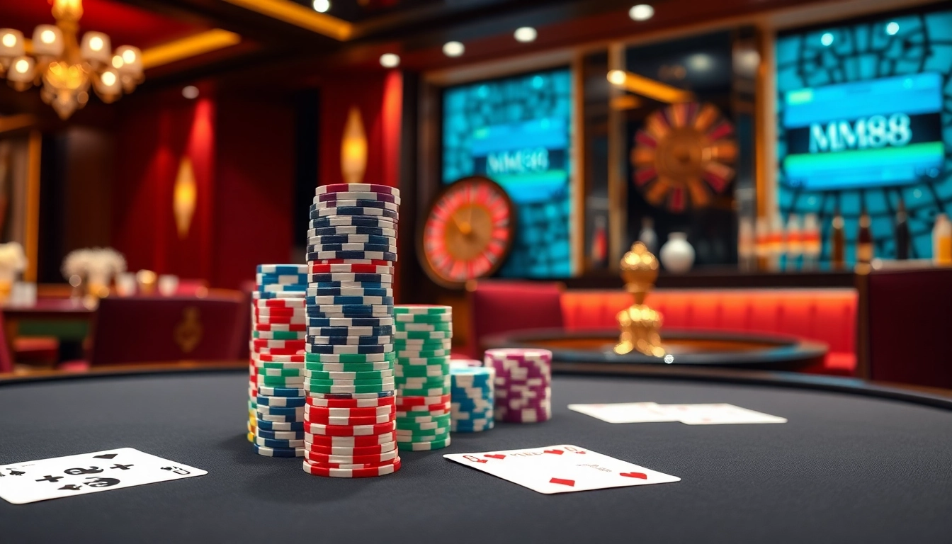 Experience high-stakes excitement at MM88.directory, featuring poker chips and a live roulette wheel.
