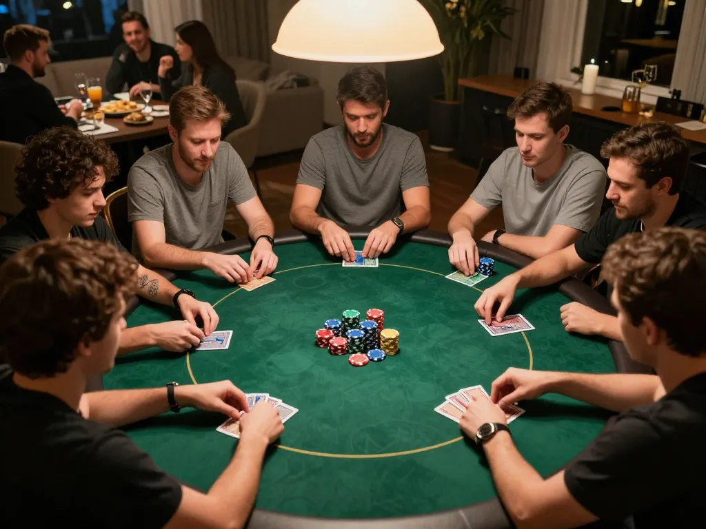 Experience the thrill of 789Club poker games with friends in a lively home setting, showcasing strategy and camaraderie.