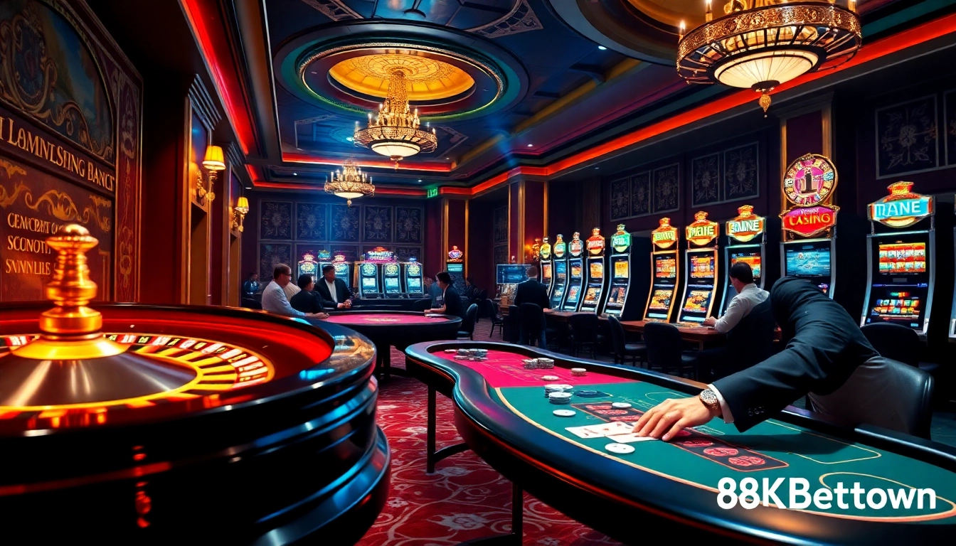 Immerse yourself in the thrilling world of gambling at 8kbet.town with an elegant casino scene filled with excitement.