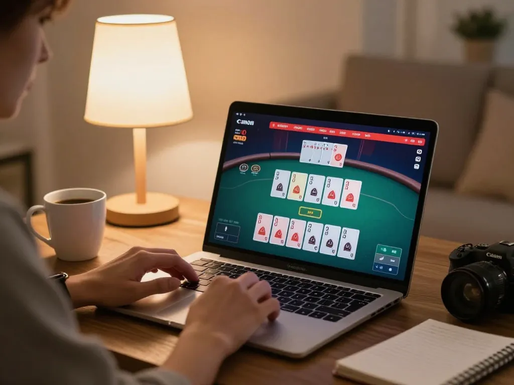 Player refining strategies for gi8 poker game on laptop in a cozy home setting