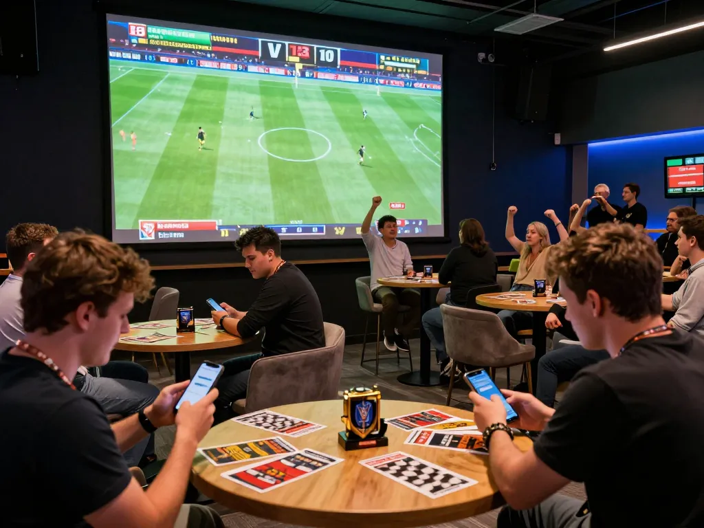 Exciting sports betting scene featuring ผลบอลวันนี้ on giant screen, engaging bettors in a vibrant setting.