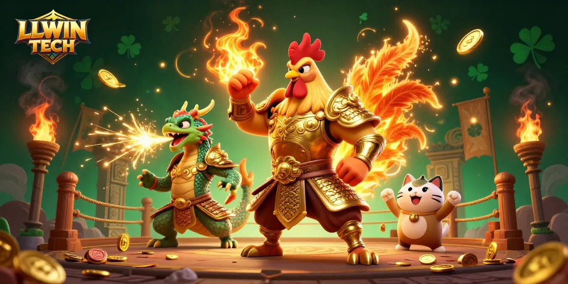 Engage in thrilling betting action with LLWIN TECH's vibrant scene featuring an armored rooster warrior.