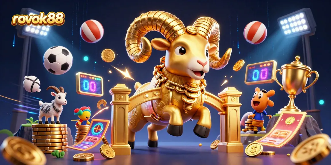 rokok88 showcases an energetic golden ram charging through a vibrant gaming scene filled with sports balls and trophies.