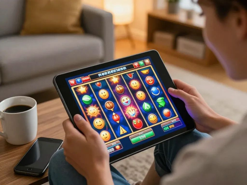 Person enjoying slot games on hay88x tablet in a cozy living room