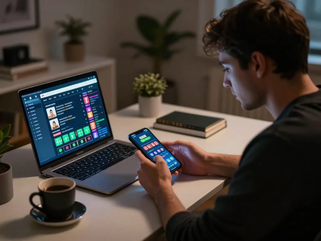 Engaging gameplay on the sin88 app, showing a player focused on their smartphone in modern desk setting.