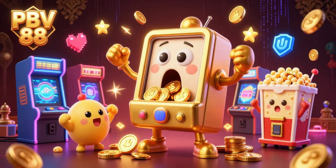 Experience thrilling wins with PBV 88 as a golden slot machine celebrates hitting the jackpot amid vibrant casino elements.