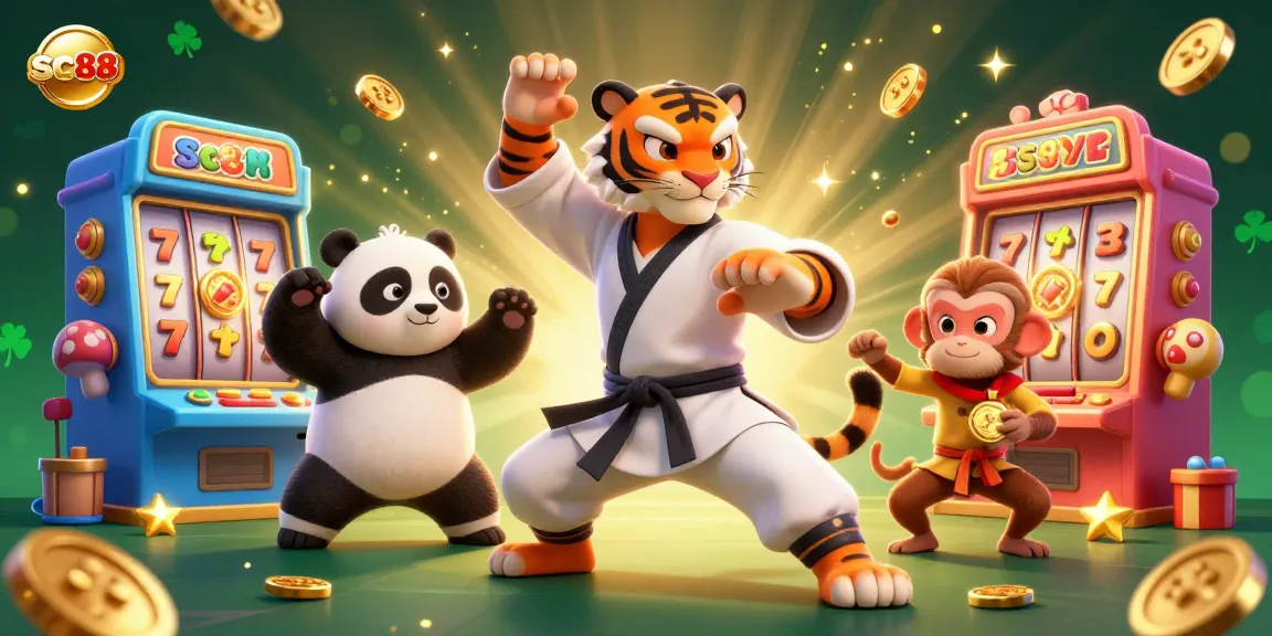 sc88 slot machines come alive with a kung fu tiger master and panda disciple in this vibrant casino illustration.