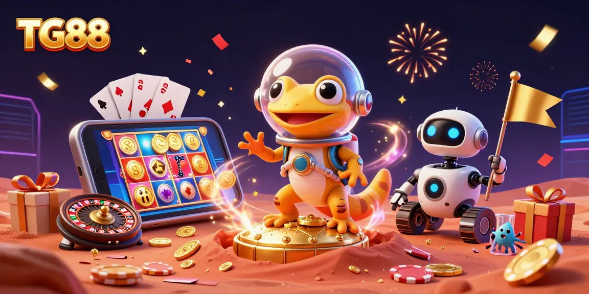 Play exciting slot games at TG88 with a Martian gecko discovering a golden casino.