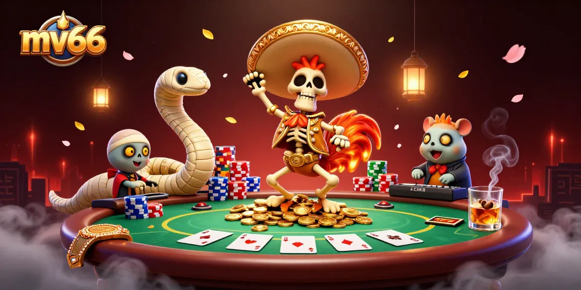 Win big at MV66 with vibrant cartoon characters celebrating a casino victory.