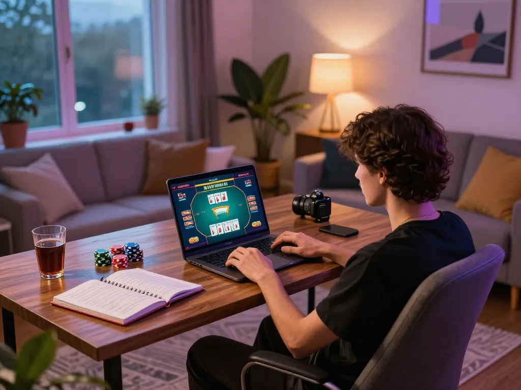 Engaged player strategizing in online poker at Fun79 INK, showcasing a lively home gaming setup.