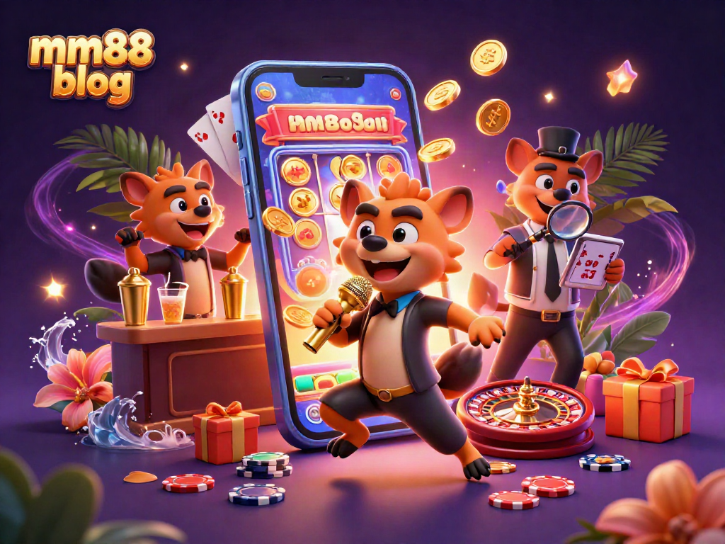 Engaging mm88 blog illustration showcasing hyenas in a comedy casino club with vibrant gambling elements.